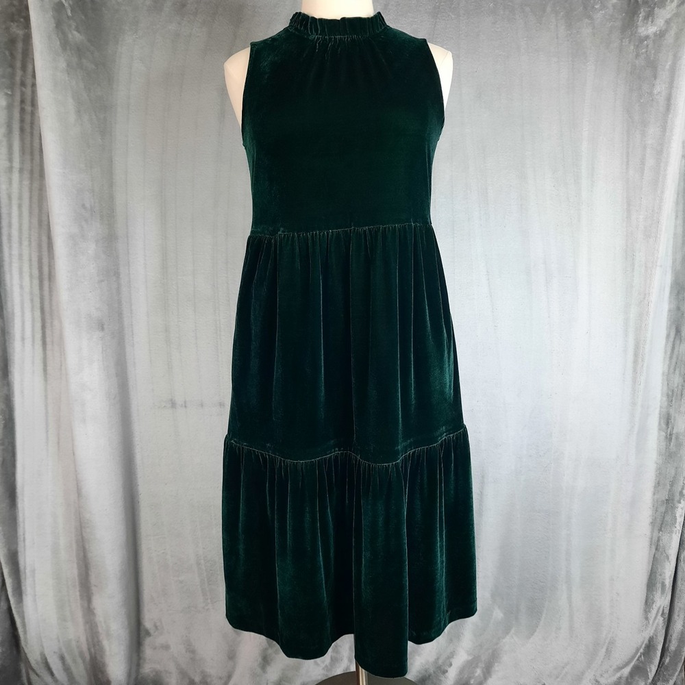 J‎ Crew Velvet Tiered Midi Dress Green Ruffle Neck sz 12 Glam Party Romantic 90s